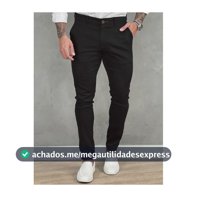 Calça Masculina Sarja Premium Social Esport Fino Bolso Lycra Preto Liso 48
