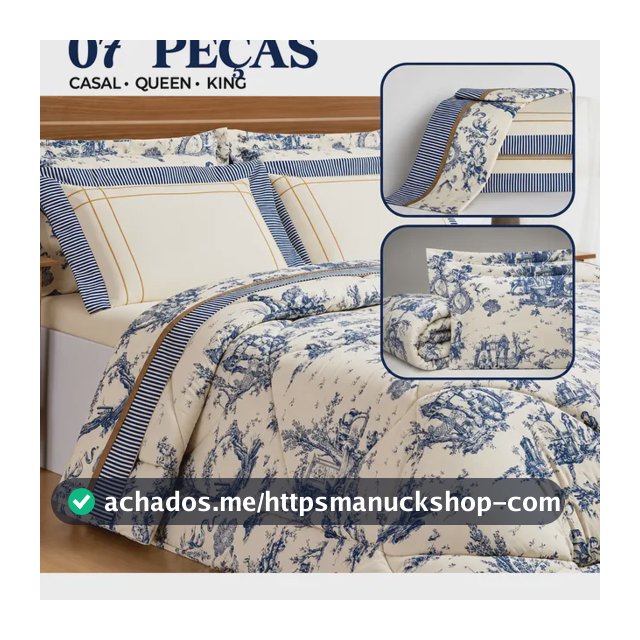 Kit Cama 7 Peças Edredom Lençol Algodão Porcelana 180 Fios Azul / King