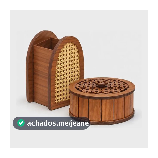 Kit Vaso Rattan E Caixa Redonda Floral Decorativa Sala