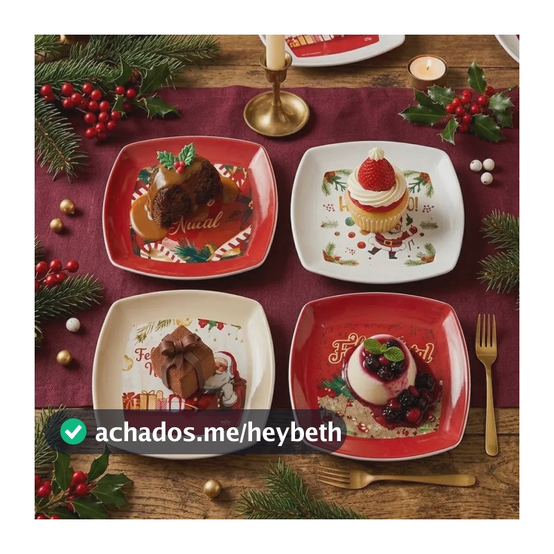 Jogo 6 Pratos Quadrado Sobremesa Natalino 18 Cm Bolo Doce Papai Noel Sortido Vermelho e Branco