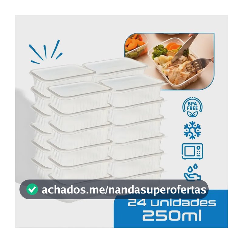 24 Marmitas 250ml Comida Fitness Pote Descartável Retangular Plástico Freezer Microondas Com Tampas - Montza