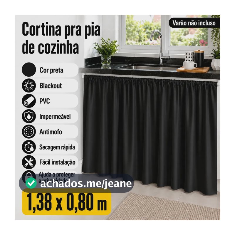 Cortina Pra Pia de Cozinha Blackout Preta 1,38x0,80m Liso - Marianopole