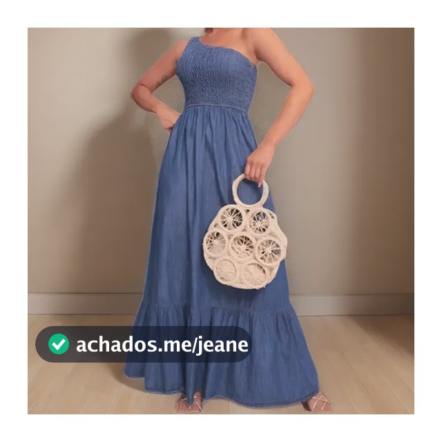 Vestido Feminino Longo Jeans Rodado Manga Unica Com Elastico