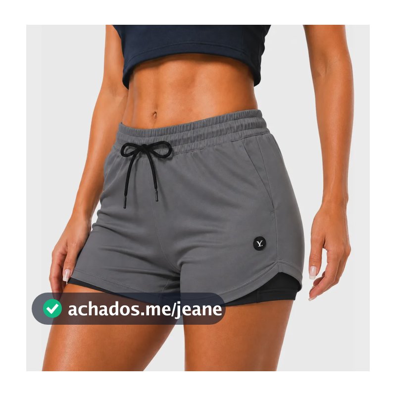 Short 2 Em 1 Feminino Dry Fit Bermuda Fitness Bolso  Treino Cinza M