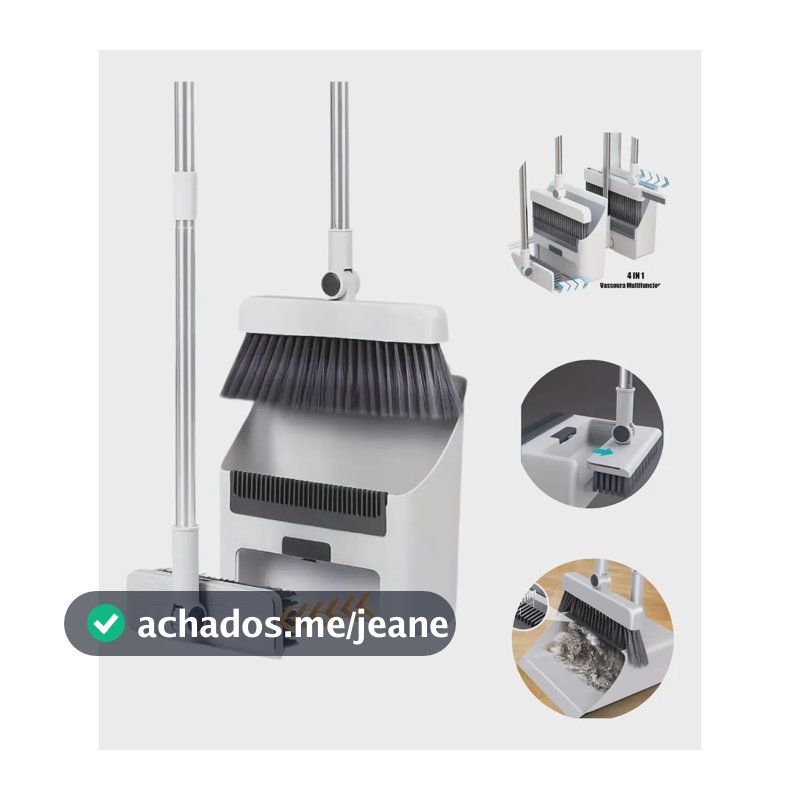 4em1 Kit Vassoura E Pá Com Rodo Multiuso Ajustável Limpeza Branco