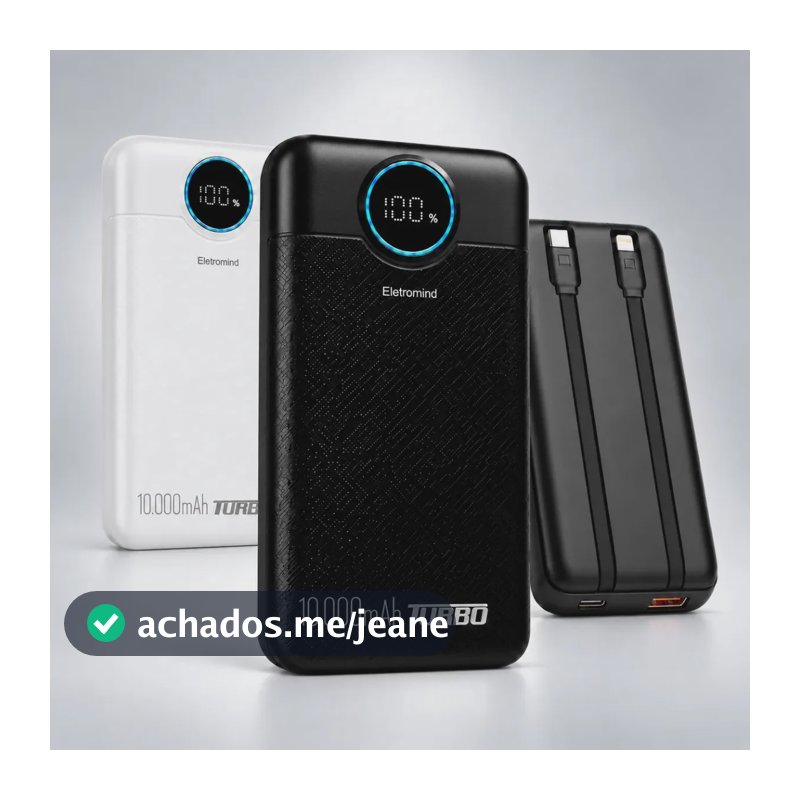 Power Bank 10000 mah Turbo Carga Rápida Carregador Portátil Com Cabo Integrado Display Digital Usb Tipo C Compativel com iPhone Android iOS Samsung Xiaomi Motorola Celular Eletromind