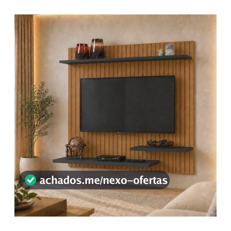 Painel Suspenso De Tv 32 Polegadas Moderno 90x90cm Para Sala Ripado Preto
