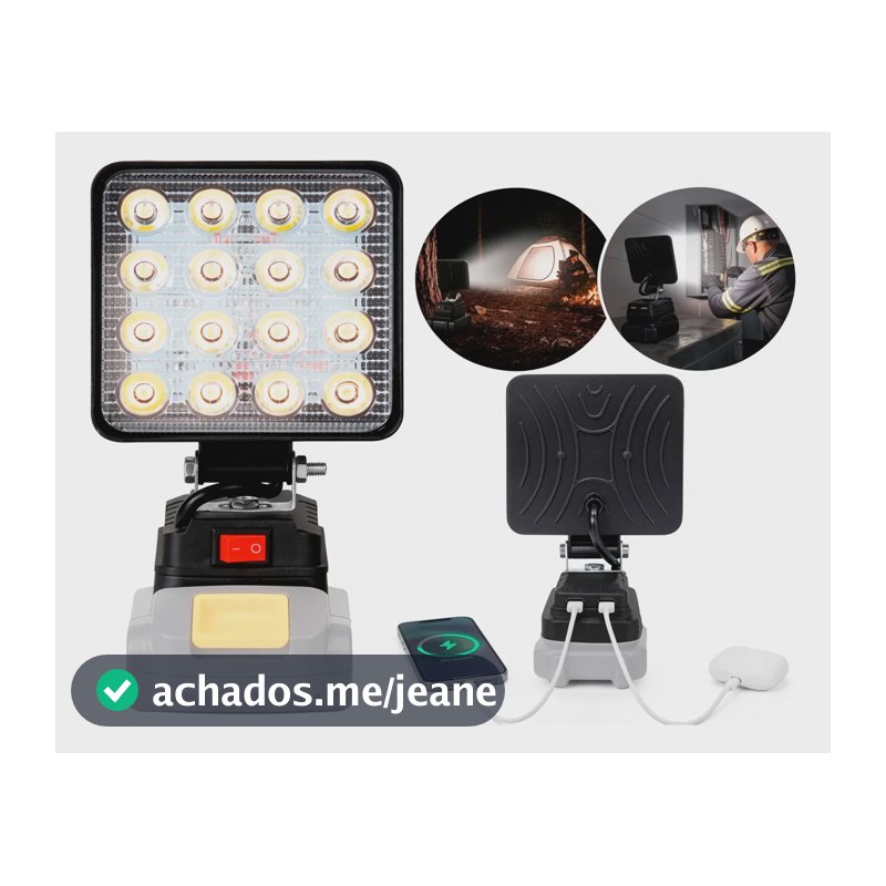 Lanterna Refletor Lampada Luz Led 12w A Bateria 21v Portátil Branco Frio 6000k Preto