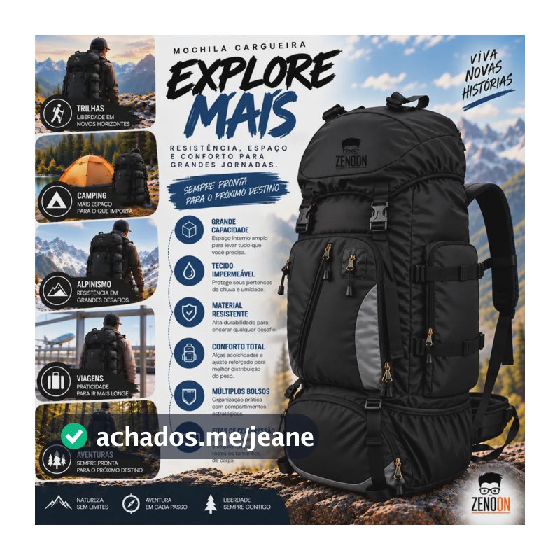 Mochila Cargueira Grande para Viagem Camping Trilha Trekking Montanhismo Alpinismo Acampamento Mochila com Múltiplos Bolsos Ajustáveis e Alças Reforçadas Preto ZENOON