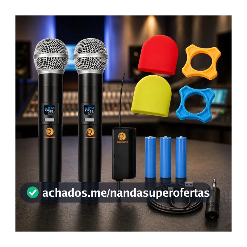 Kit 2 Microfones Sem Fio Dinâmico Duplo Recarregável Profissional Uhf Led Karaokê Palestras Shows Igrejas Apresentações Bar Cancelamento De Ruído Anti-larsen Bateria Cardioide Palco Reuniões Risemberg