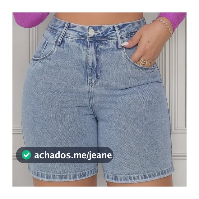 Bermuda Jeans Cintura Alta Feminina Com Estonado Na Lavagem