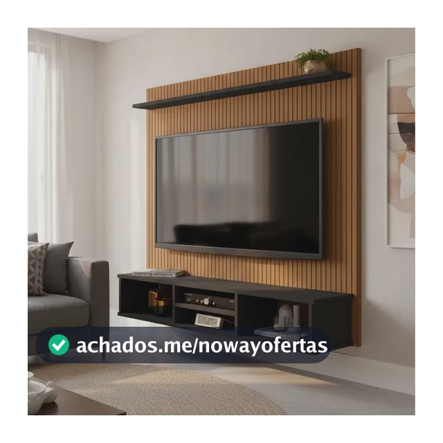 Painel TV Ripado Preto 3D com Nichos e Prateleira 50 Polegadas