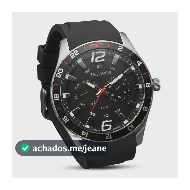 Relógio Technos Masculino 6P25BN/8P Analógico 46 Milímetros Pulseira Silicone Preto Macia Prova D´Agua 50m com Calendário