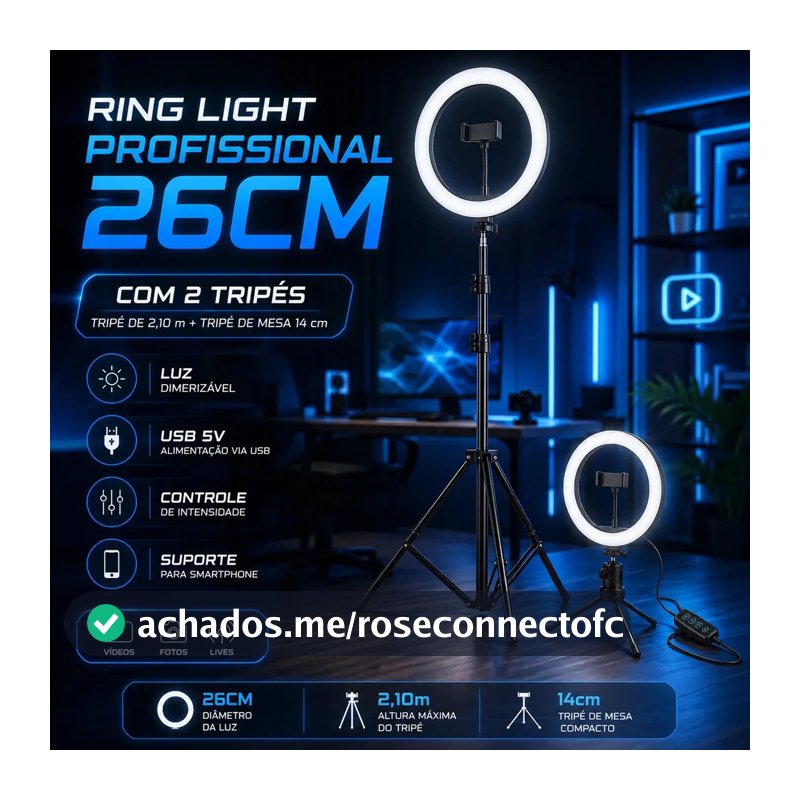 Ring Light Iluminador Led Profissional 26cm Tripé 2,10m Luz Branco Frio Quente Neutro