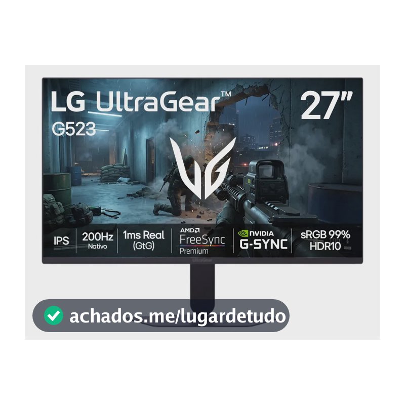 LG UltraGear Monitor Gamer 27" IPS 200Hz, 1ms (GtG), Full HD (1920x1080), HDR10, NVIDIA G-SYNC AMD, FreeSync Premium, sRGB 99%, Preto - 27G523B