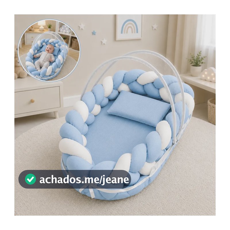 Kit Ninho Redutor Trança + Mosquiteiro + Travesseiro Bebe Azul
