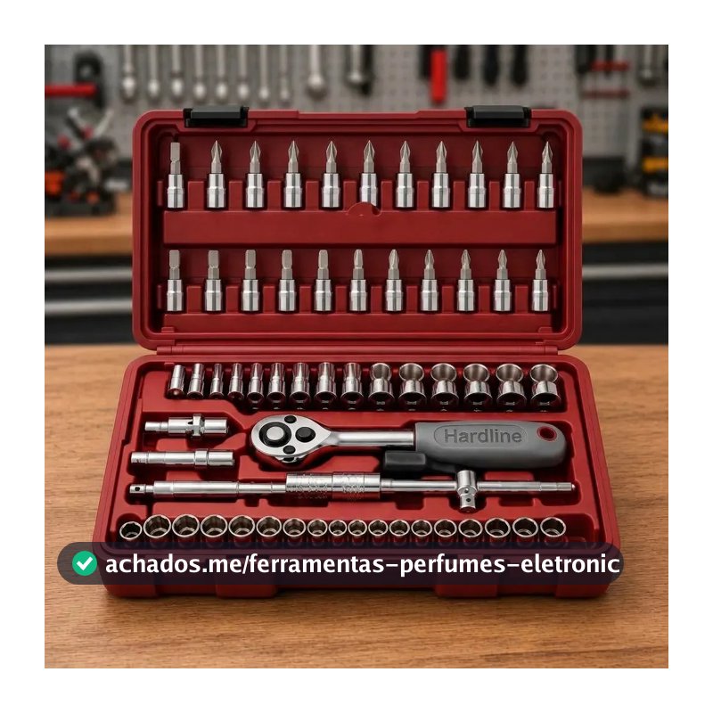Kit Jogo de Ferramentas 46 Peças Catraca Soquetes Bits Fenda Phillips Allen Extensores com Maleta para Oficina Mecânico Casa Carro Reparos Manutenção Portátil Compacto Hardline