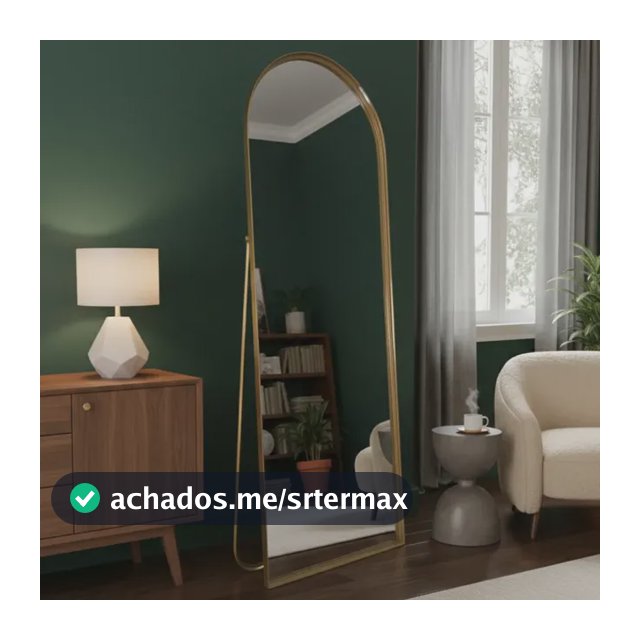 Espelho De Chão Base Reta Corpo Inteiro Com Moldura E Suporte Dourado 146x36cm