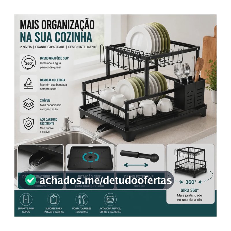 Escorredor de Louça Inox 2 Andares Preto para 16 Pratos com Bandeja e Bico Giratório 360º