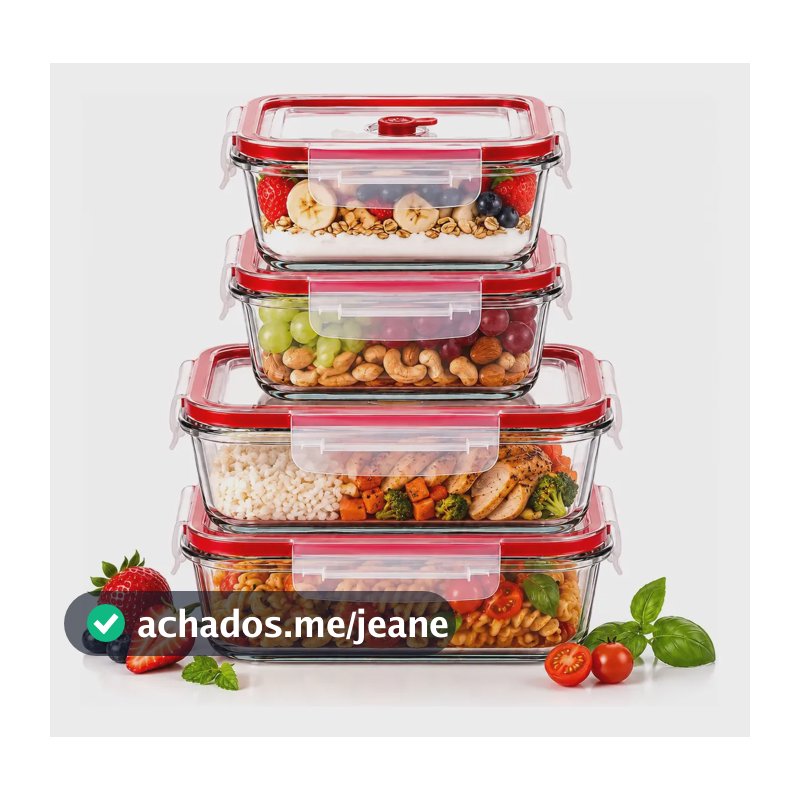 Kit 4 Potes Herméticos Vidro 370ml 640ml Marmita 4 Travas Transparente