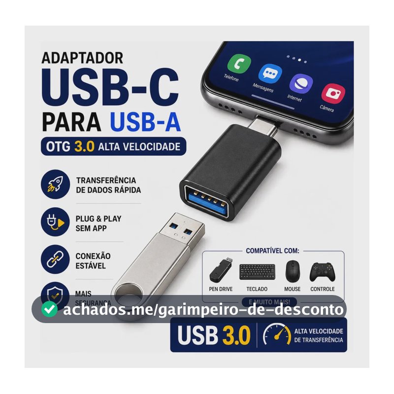 Adaptador OTG USB para Tipo C Fêmea com USB Tipo C Macho para Celular