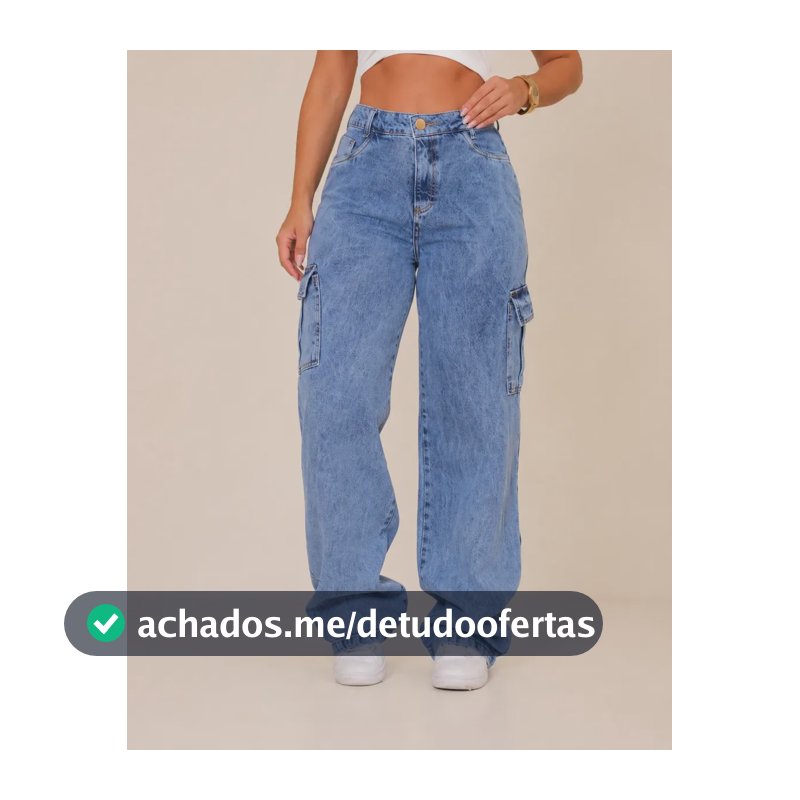 Calça Jeans Feminina Wide Leg Cintura Alta Cargo Pantalona