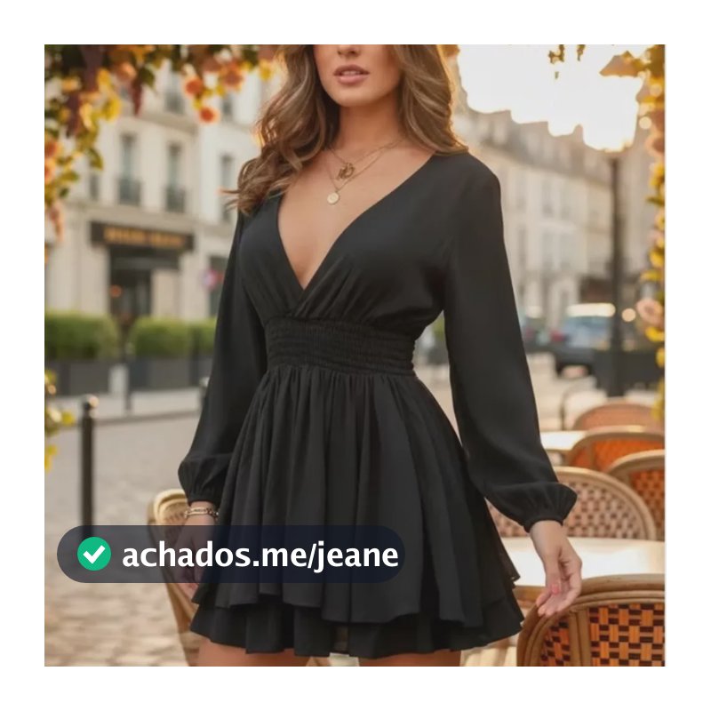 Macaquinho Manga Longa Vestido Tecido Premium Short Curto Bi Preto Lisa G