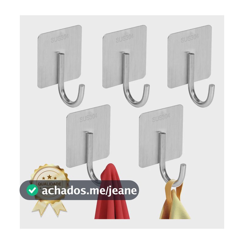 Kit 5 Ganchos Adesivos Prime de Aço Inox para Banheiro e Cozinha