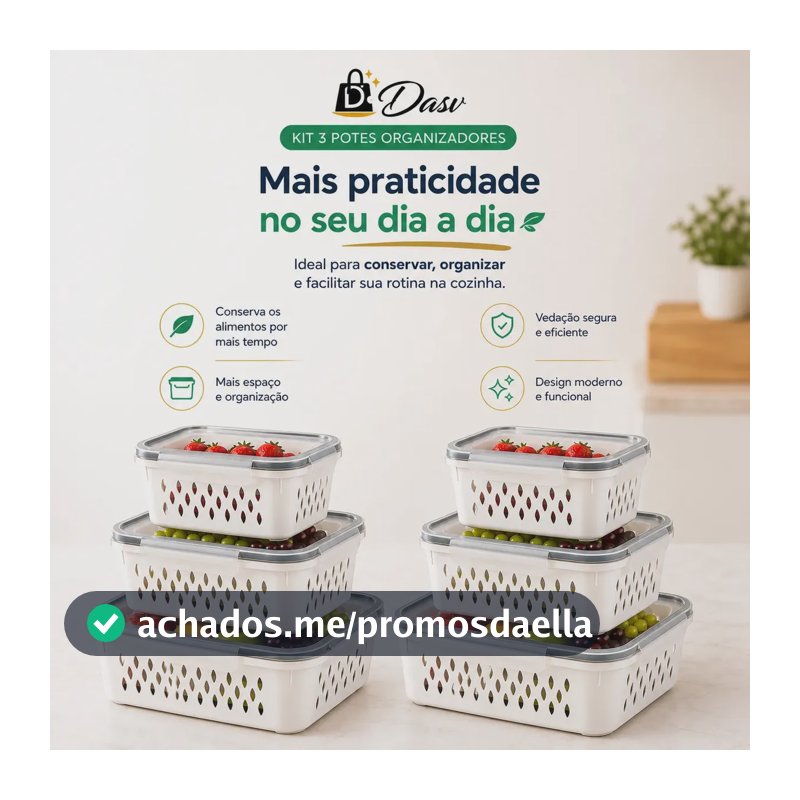 Conjunto Kit 6 Organizadores Geladeira Transparente Hermético Escorredor Cesto Frutas Alimentos Verduras Legumes Dasv