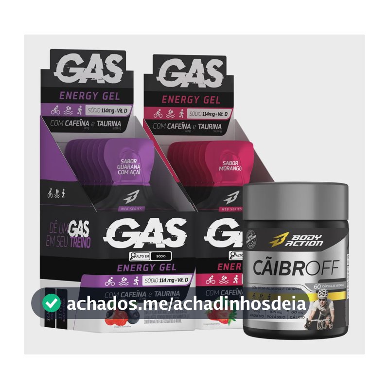 2x Gas Energy Gel Energético 20 Sachês + Cãibroff Bodyaction Sabor Guaraná com Açaí/Morango
