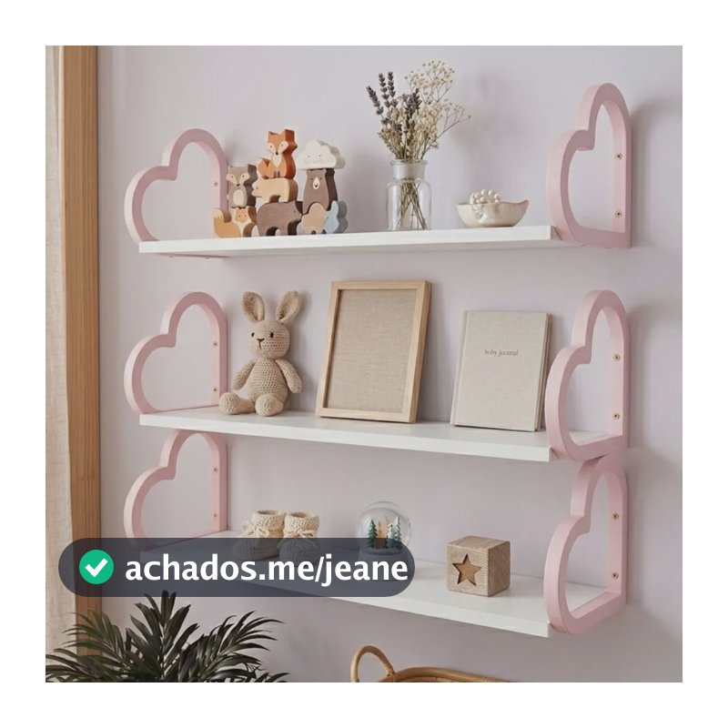 Tres Prateleiras Coração Infantil Rosa E Branco Rosa