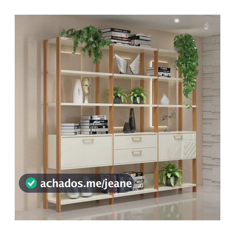 Estante Com 2 Gavetas E 2 Portas 216cm Off White/freijó/gold