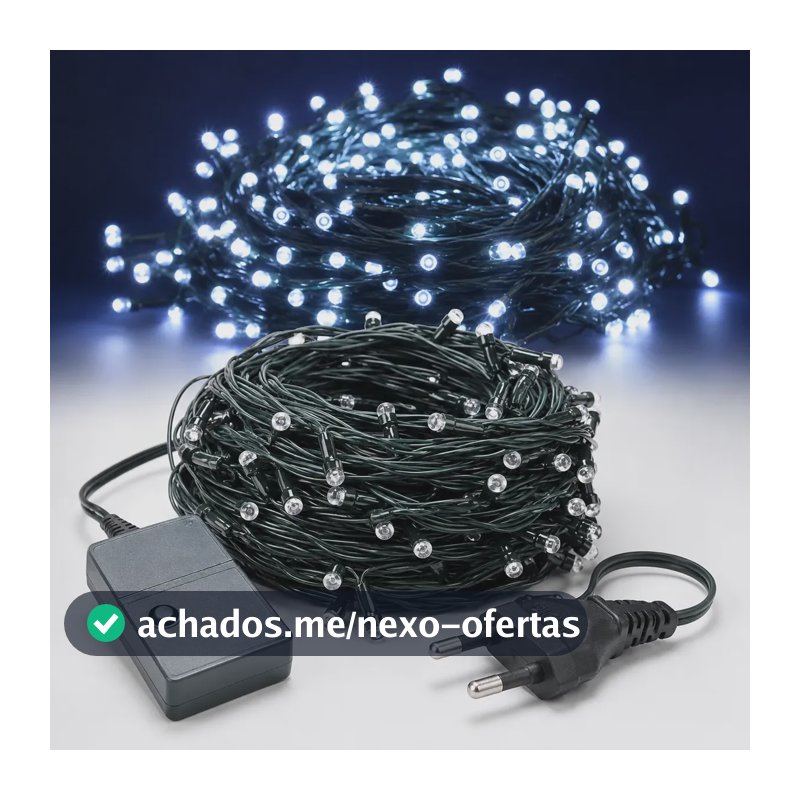 Cordão 200 Leds Pisca 20 Metros 8 Funções V8 Natal Fio Verde Branco Frio 220v