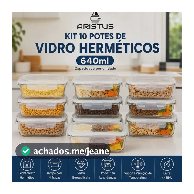Kit 10 Potes Vidro Hermético Aristus 640ml Marmita Anti Vazamento Forno Micro-ondas Freezer Tampa 4 Travas - Branco