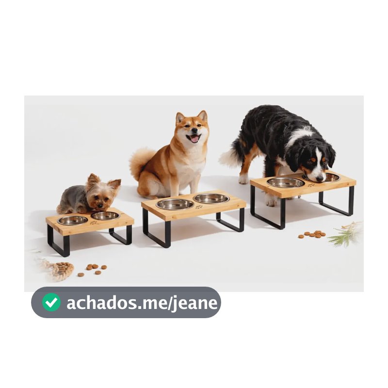 Comedouro Elevado Duplo Pet Pote Inox Madeira Cachorro P M G 0 Preto Médio