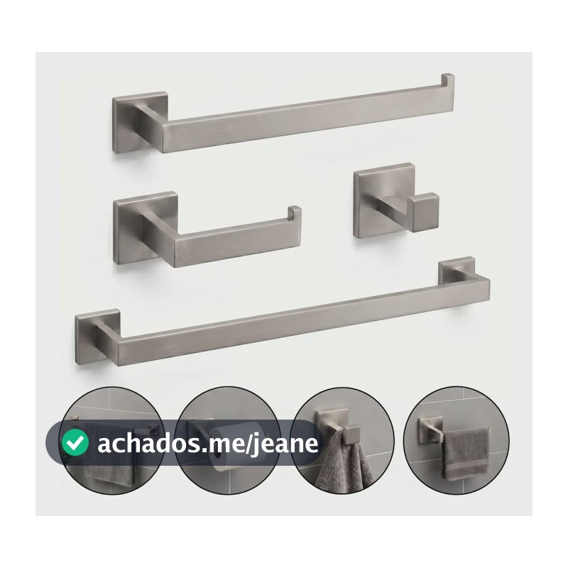 Kit Acessórios Banheiro Inox 304 Quadrado Luxo 4 Peças Aço Escovado