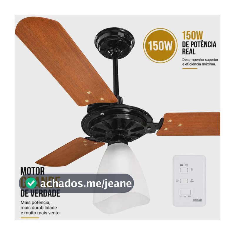 Ventilador De Teto Ventilow Luna Turbo 3 Pás Cor Mogno Cor Da Estrutura Preto 150w De Potência Moderno E Silencioso