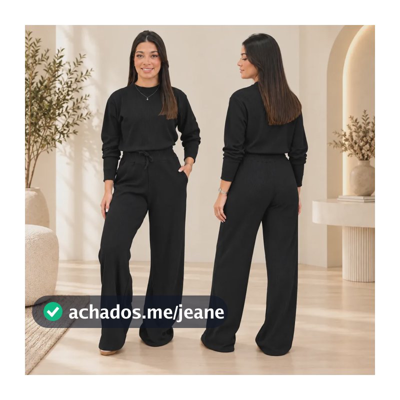 Conjunto Feminino Comfy Blusa Manga Longa E Calça Pantalona Preto 36/38/40-m