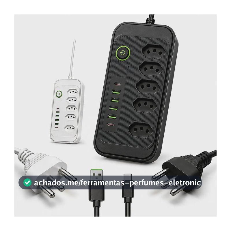 Extensão Elétrica 5 Tomadas 6 Usb 2500w Régua Bivolt Cabo 2m Preto-5tomadas/4usb-a/2usb-c 127/220v