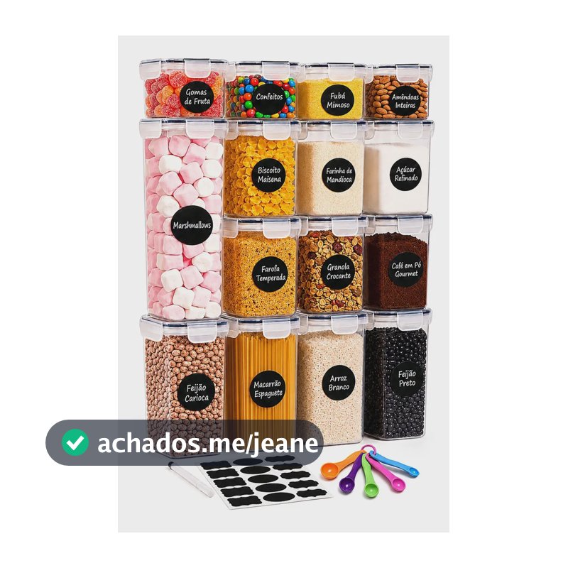 Kit 15 Potes Herméticos para Mantimentos com Tampa Etiquetas e Colheres Medidoras Jogo de Potes Porta Mantimentos Cozinha e Despensa Organizada Vasilhas Plásticas Empilháveis Transparentes Palada