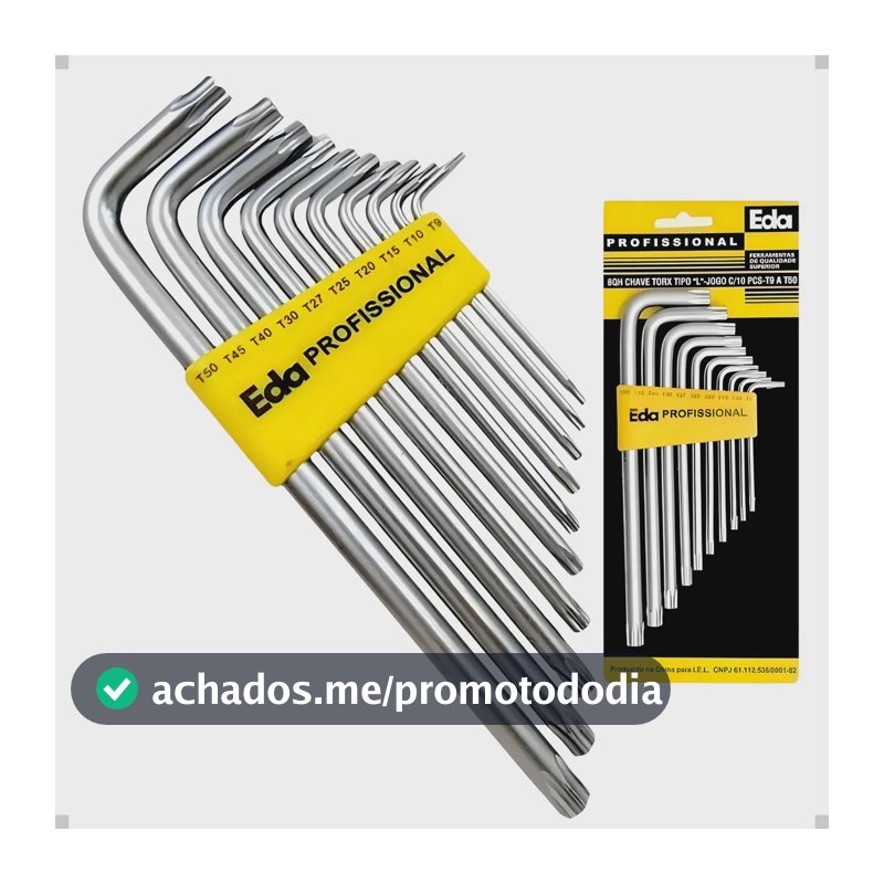 Jogo Chave Torx Tipo L 10 Peças T9 a T50 Aço Carbono Eda