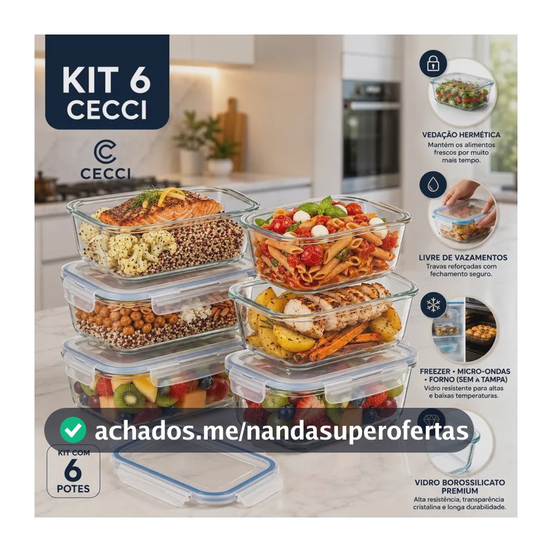 Kit 6 Potes de Vidro Herméticos Retangulares 640 mL para Marmita, Freezer e Organização