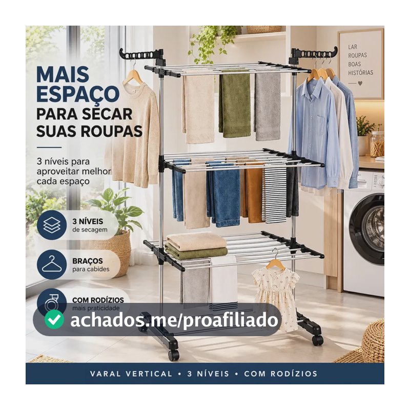 Varal Vertical de Chão 3 Níveis com Rodízios e Braços para Cabides Dobrável Grande para Roupas Preto e Prata