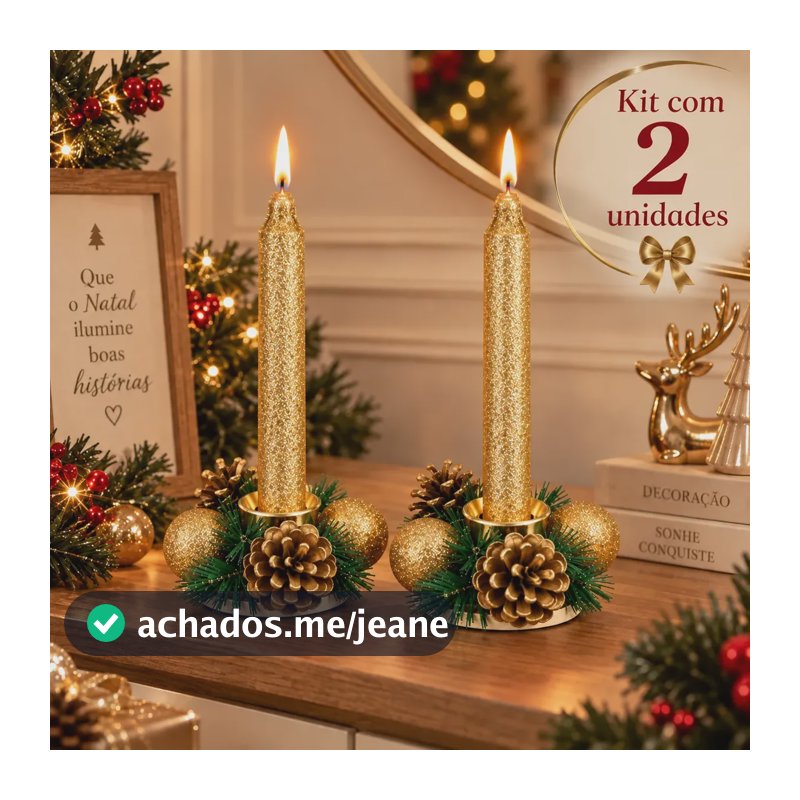 Kit 2 Velas Natalinas Glitter Com Castiçais Decorados Dourado Natalino