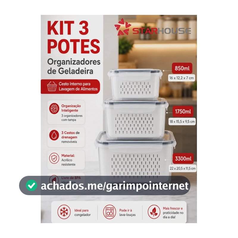 Kit 3 Organizadores Geladeira Alimentos Legumes Verduras Frutas Transparente Com Tampa Trava Hermético Escorredor - Starhouse