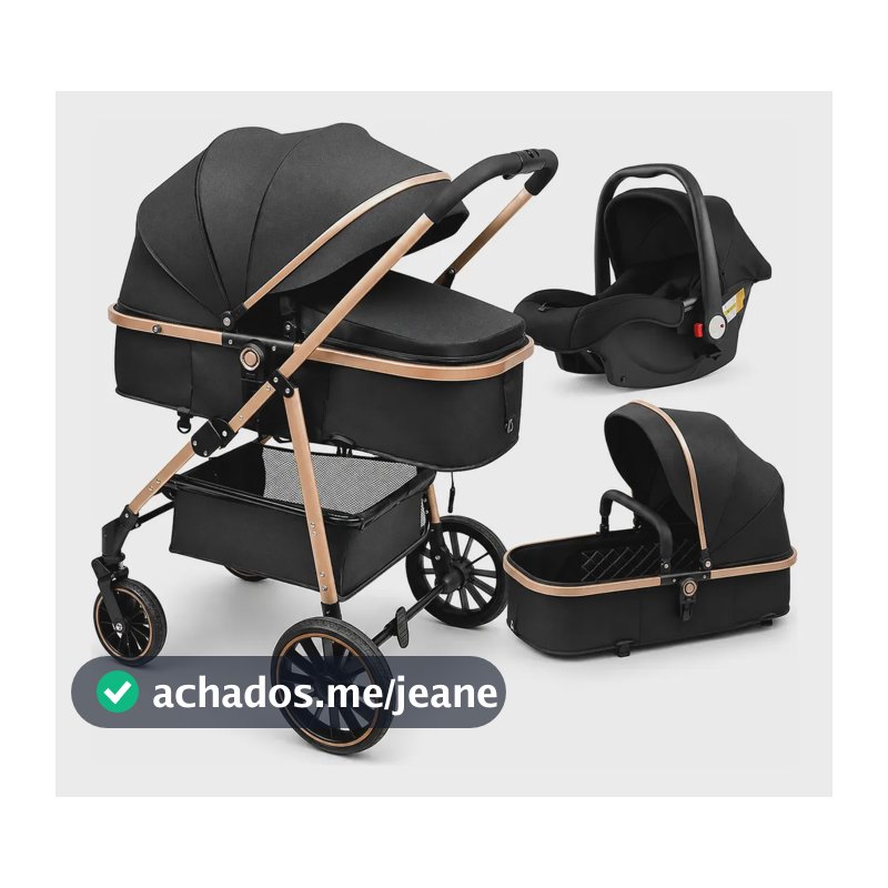 Carrinho Bebê Passeio 3 Em 1 Moisés Bebê Conforto Preto Preto Dourado
