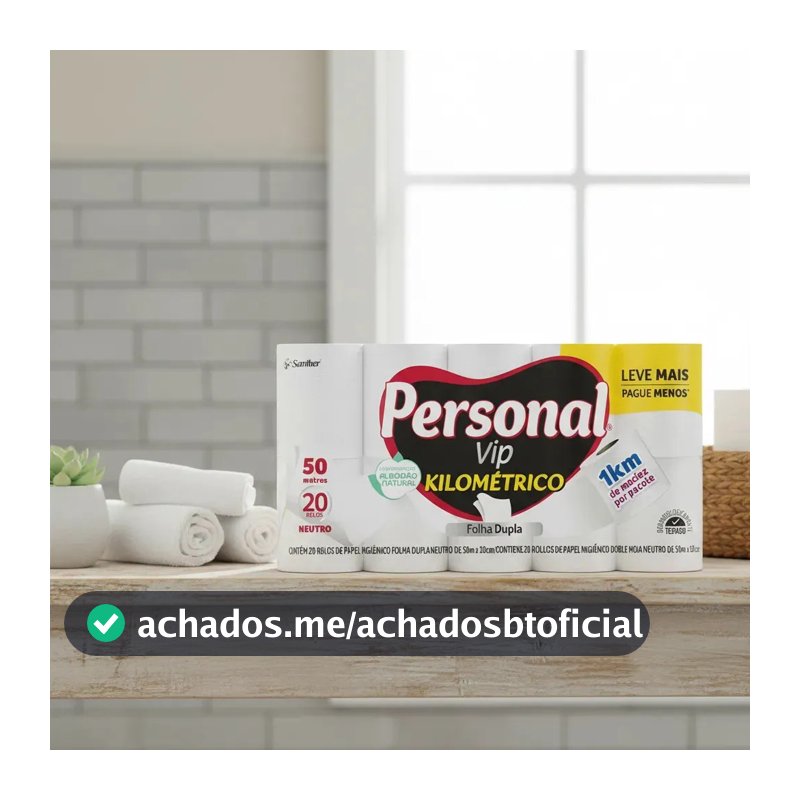 Papel Higiênico Vip Kilométrico Neutro Folha Dupla com 20 rolos de 50 metros Personal