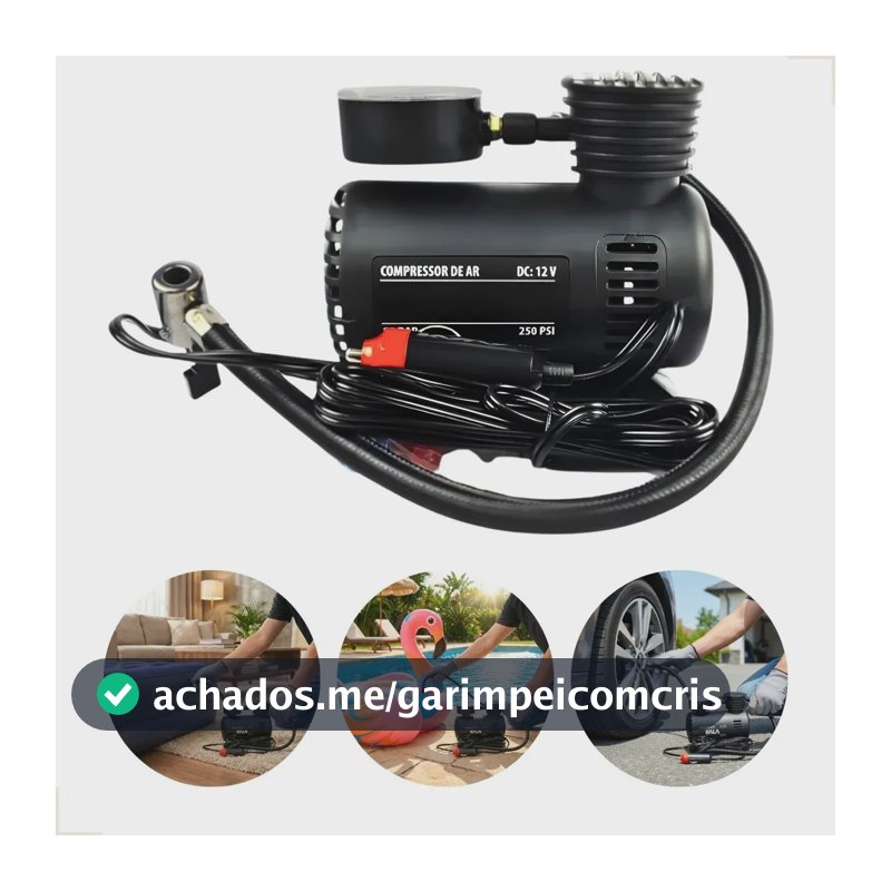 Compressor de Ar Portátil 250 PSI 12V com Manômetro Analógico, Mini Inflador de Pneus para Carro Moto Bicicleta, 3 Bicos Adaptadores, Cabo de 3 Metros, Compacto para Viagens e Emergências