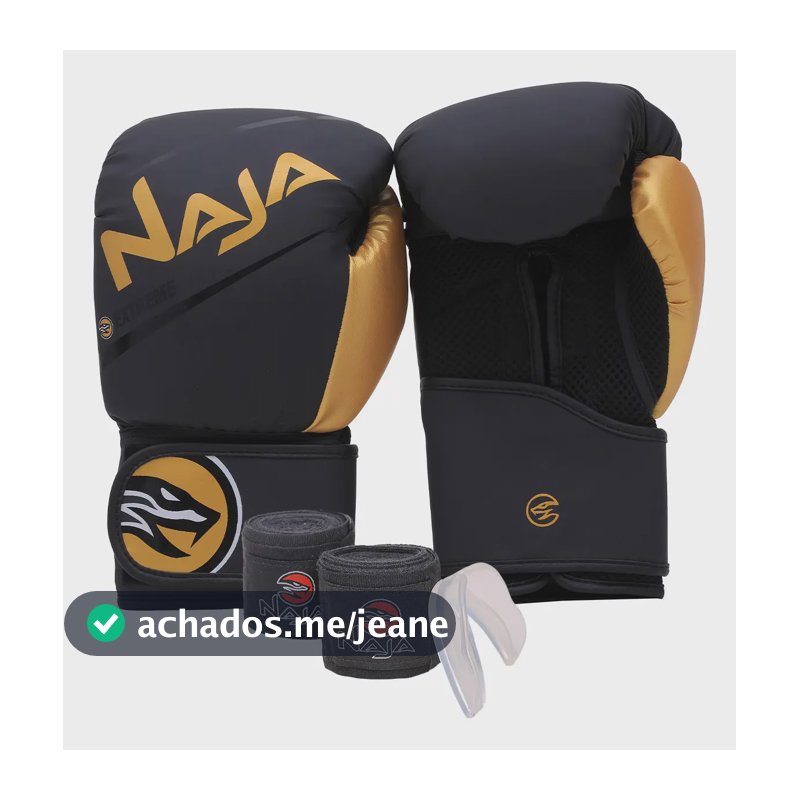 Kit Luva Boxe Muay Thai + Bandagem + Bucal Naja Extreme Cor Preto/Dourado Tamanho 12oz