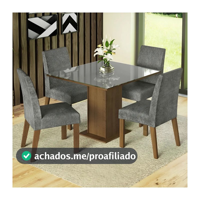 Sala Jantar Estofada Mesa Tampo Vidro 4 Cadeiras Madesa Anne Rcs Cor Rustic/Cinza/Silver MDJA040140F9SIL